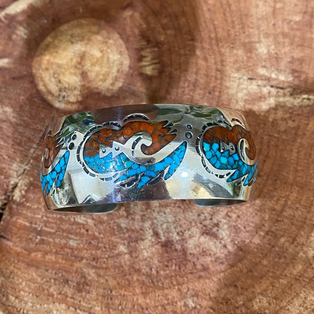 VINTAGE! Turquoise and Mediterranean Coral Sterling Silver Cuff
